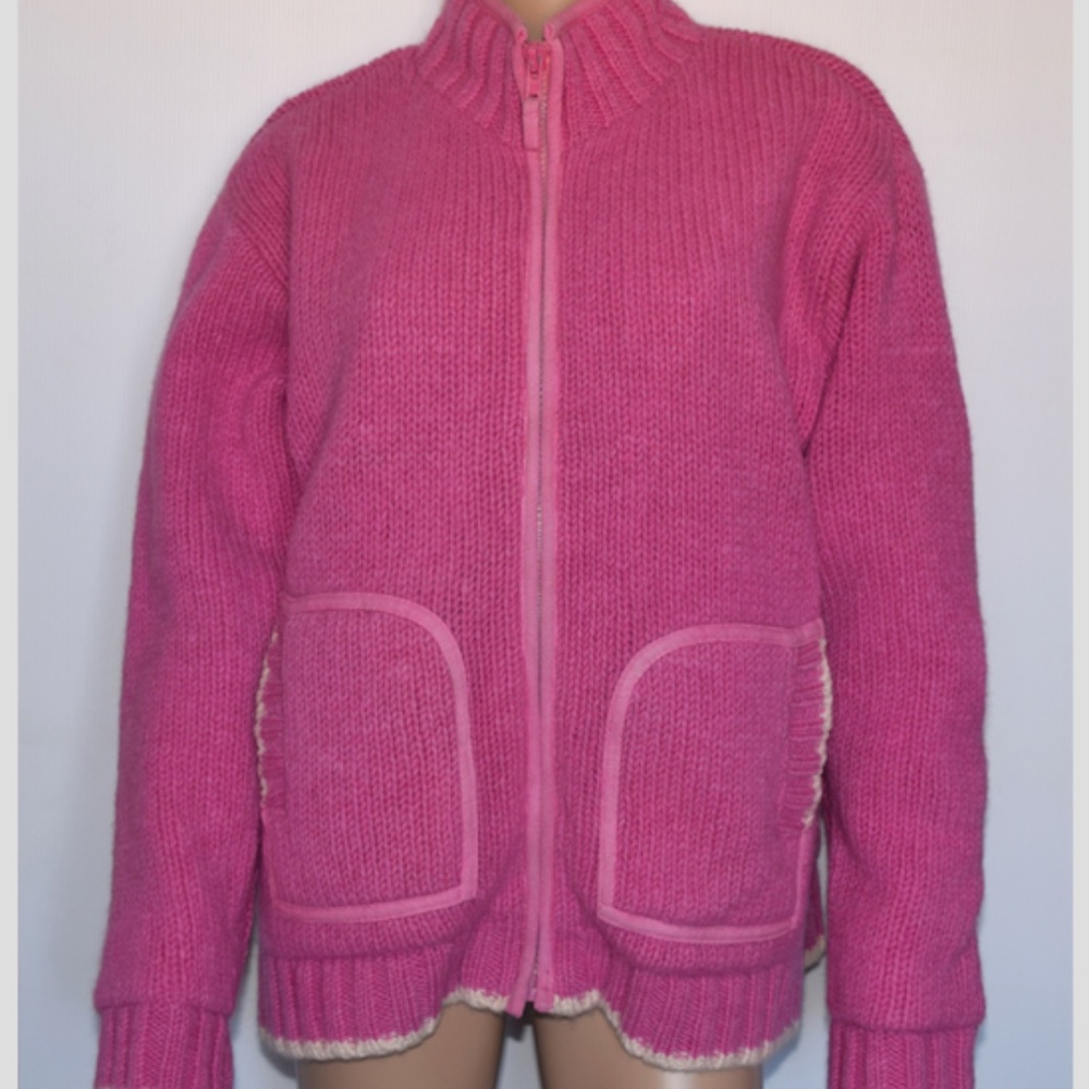 Pachamama Pink 100% Wool Full Zip Mock Neck Front Pockets Lined Cardigan Sz S/M